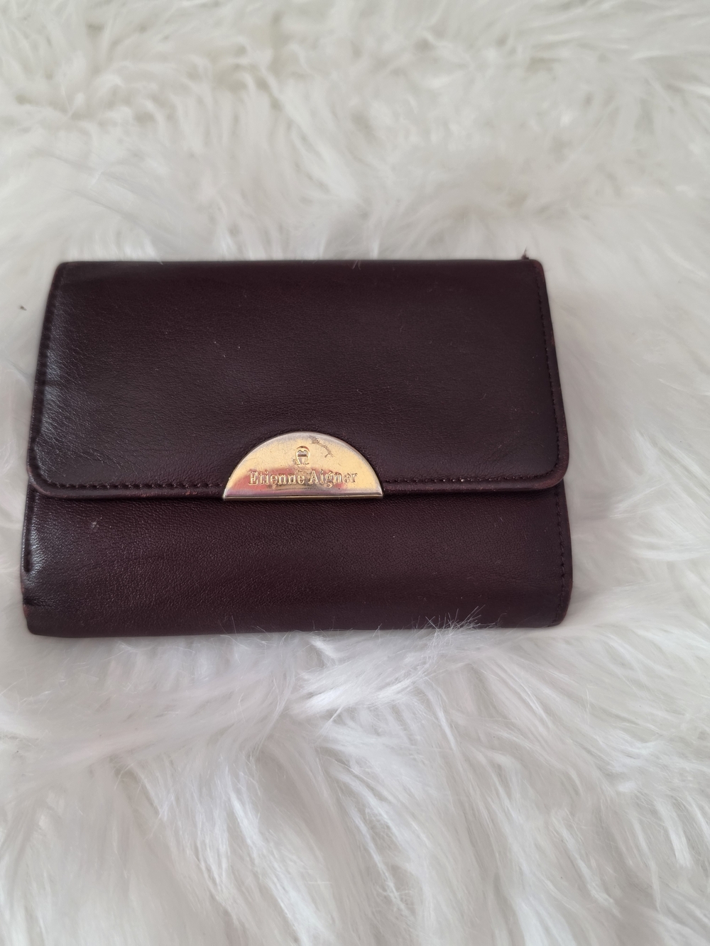 Etienne Aigner Burgundy Leather Trifold Wallet with Gold Hardware
